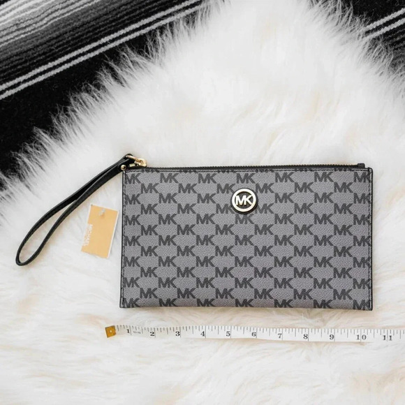 NWT! MICHAEL KORS FULTON LARGE ZIP CLUTCH - BLACK GRAY GOLD - Picture 5 of 10